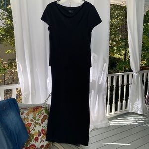 SL Fashions black ankle length dress, draped neckline, cap sleeve, 2-pc look, 12